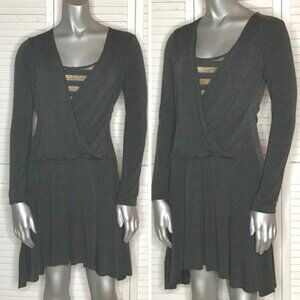 LOLA Italy Dark Gray Stretch Jersey Draped Ruched Gold Layered Knit Dress S NWT